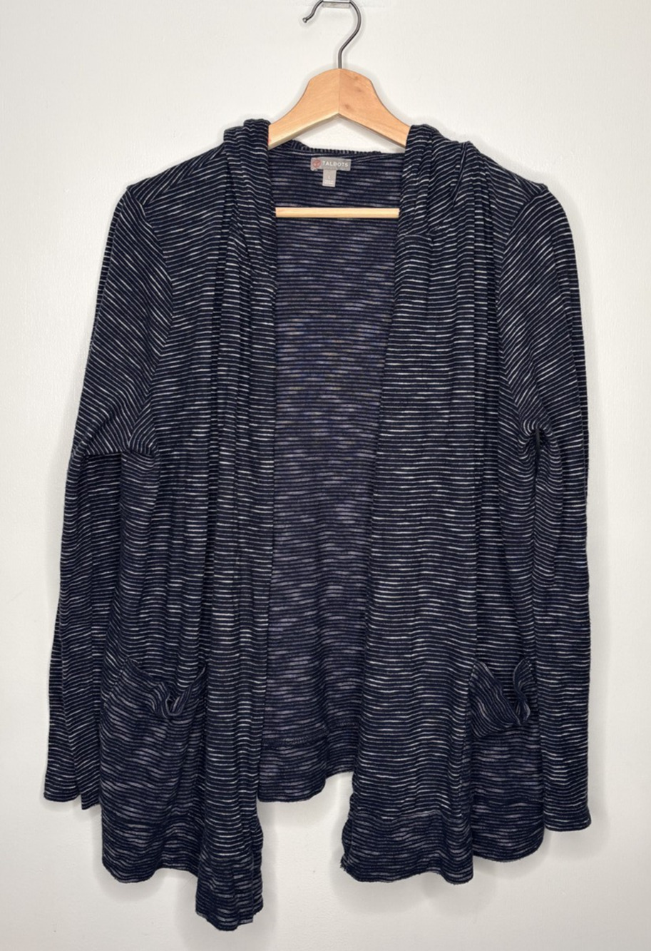 T by Talbots Women's Navy White Striped Open Front Cardigan Size Large